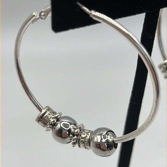 Silver-tone Shiny 6 Beads 2” Hoop Earrings - Picture 2 of 13